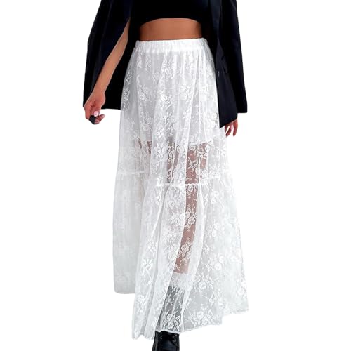 DELIMALI Langer Y2K-Spitzenrock für Damen, hohe Taille, halber Slip-Röcke, Feen-Mesh-Blumenmuster, fließend, Maxi-A-Linien-Röcke, A-weiß, S von DELIMALI