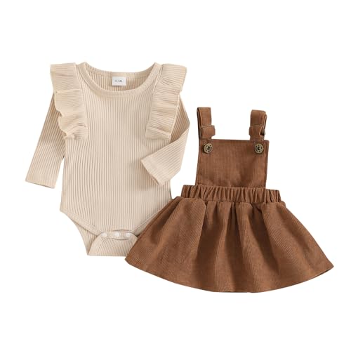 DELIMALI Neugeborenes Baby Mädchen Outfits Rüschen Langarm Gerippter Strampler Cord Strapsrock Overall Kleid Herbst Winter Kleidung, A-Beige, 0-3 Months von DELIMALI
