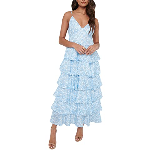 DELIMALI ​Y2k Rüschen Stufened Maxikleid für Frauen Spaghettiträger Kuchen Flowy Langes Kleid Rückenfrei Boho V-Ausschnitt Party Cocktailkleider, A-Blau, Medium von DELIMALI