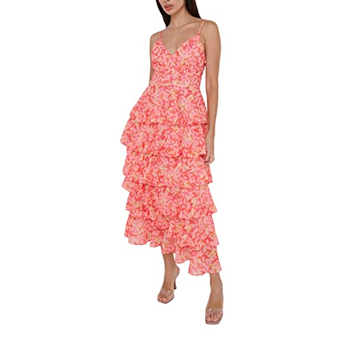 DELIMALI ​Y2k Rüschen Stufened Maxikleid für Frauen Spaghettiträger Kuchen Flowy Langes Kleid Rückenfrei Boho V-Ausschnitt Party Cocktailkleider, A-Pink, Medium von DELIMALI