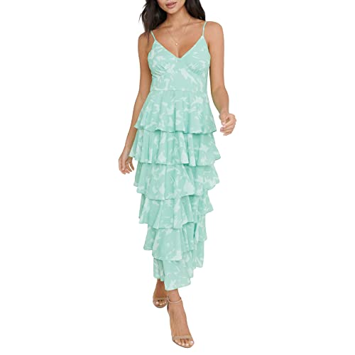 DELIMALI ​Y2k Rüschen Stufened Maxikleid für Frauen Spaghettiträger Kuchen Flowy Langes Kleid Rückenfrei Boho V-Ausschnitt Party Cocktailkleider, A-grün, Small von DELIMALI