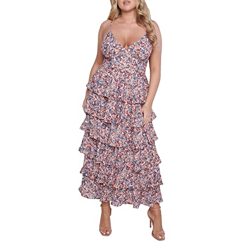 DELIMALI ​Y2k Rüschen Stufened Maxikleid für Frauen Spaghettiträger Kuchen Flowy Langes Kleid Rückenfrei Boho V-Ausschnitt Party Cocktailkleider, A-purple, L von DELIMALI