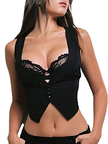 Damen Steampunk schwarze Weste Racerback 50er Jahre Neckholder V-Ausschnitt Weste ärmellos Knopfleiste Smoking Anzug Weste, #1 B-black, 38 von DELIMALI