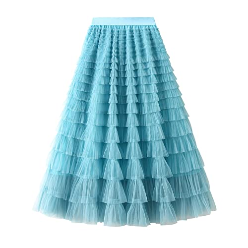 Damen Tüllrock - Hohe Taille Mesh Midi Rock mit Lagengarn und Faltenschaukel für Ballett, Abschlussball, Party und lange Anlässe, A-lake blue, Einheitsgröße von DELIMALI