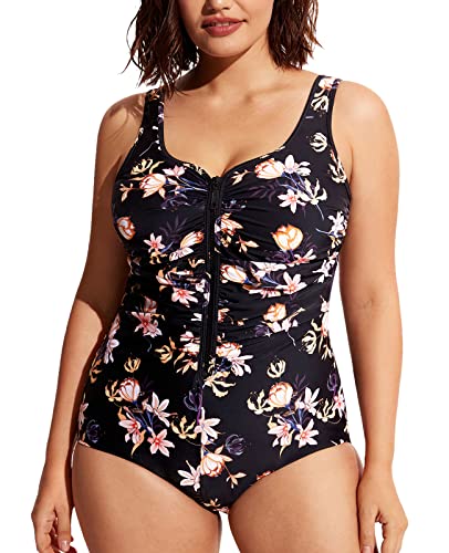 DELIMIRA Badeanzug Damen Bauchweg Große Größe Einteiler Vorne Reißverschluss Bademode Blumen in voller Blüte 48 von DELIMIRA