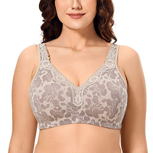 DELIMIRA Damen Cotton BH Ohne Bügel Grosse Grössen Vollschalen Baumwolle Ohne Polster Brauner Hibiskus 95B von DELIMIRA