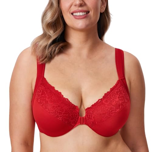 DELIMIRA Damen BH mit Vorderverschluss Bügel Spitzen BHS Große Brüste Soft Vollschalen Ungefüttert Lippenstift Rot 110F von DELIMIRA