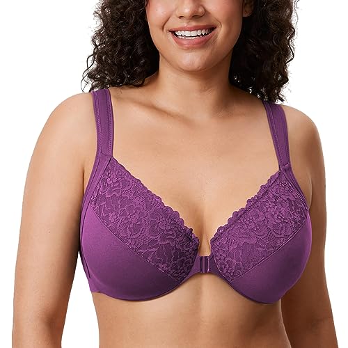 DELIMIRA Damen BH mit Vorderverschluss Bügel Spitzen BHS Große Brüste Soft Vollschalen Ungefüttert Maulbeeren Lila 80G von DELIMIRA