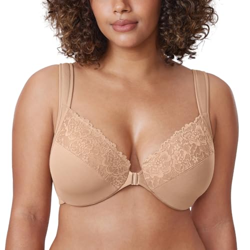 DELIMIRA Damen BH mit Vorderverschluss Bügel Spitzen BHS Große Brüste Soft Vollschalen Ungefüttert Warmes Beige 105F von DELIMIRA