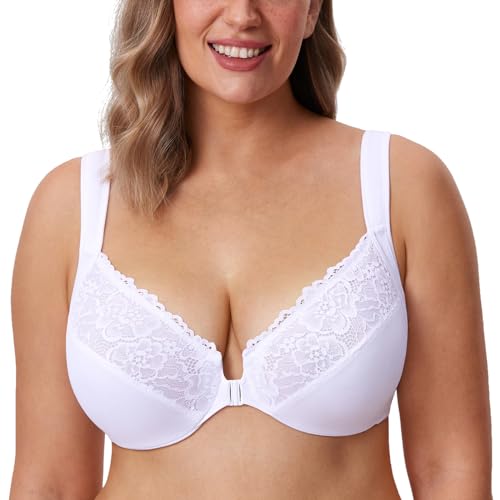 DELIMIRA Damen Vorderverschluss BH mit Bügel BHS Große Brüste Starker Halt Soft Spitzen U-Rücken Ungefüttert Weiss 85D von DELIMIRA