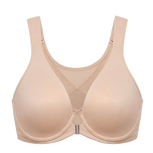 DELIMIRA Damen BH mit Vorderverschluss Grosse Grössen Haltungskorrektur Seamless BHS mit Bügel Tshirt Tiefen Ausschnitt Beige 100E von DELIMIRA