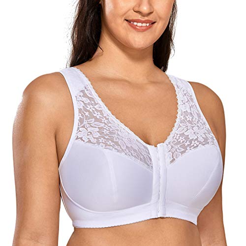 DELIMIRA Damen BH mit Vorderverschluss ohne Bügel Große Größen Spitzen BH Weiss 105E von DELIMIRA