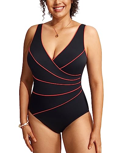 DELIMIRA Damen Badeanzug Bauchweg Große Größen V Ausschnitt Gepolsterte Einteiler Bademode Mehrfarbig 36 46 von DELIMIRA