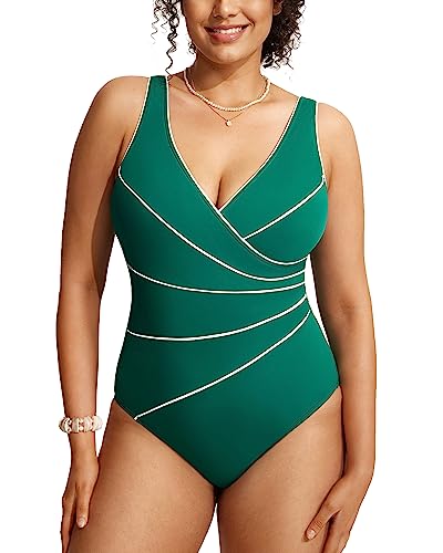DELIMIRA Damen Badeanzug Bauchweg Große Größen V Ausschnitt Gepolsterte Einteiler Bademode Sattes Grün 46 von DELIMIRA