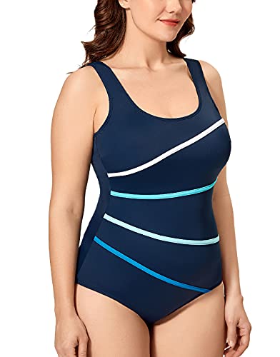 DELIMIRA Damen Badeanzug Große Größe Bauchweg Einteiler Bademode Figurformend U Ausschnitt Gestreift Marine 54 von DELIMIRA