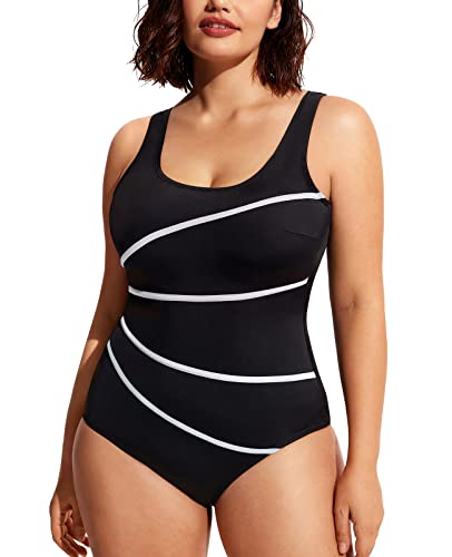 DELIMIRA Damen Badeanzug Große Größe Bauchweg Einteiler Bademode Figurformend U Ausschnitt Gestreift Schwarz #2 52 von DELIMIRA
