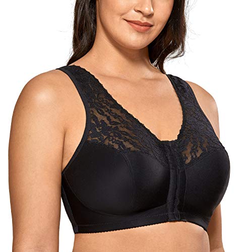 DELIMIRA Damen BH mit Vorderverschluss ohne Bügel Große Größen Spitzen BH Schwarz 90F von DELIMIRA