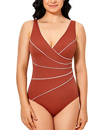 DELIMIRA Damen Badeanzug Bauchweg Große Größen V Ausschnitt Gepolsterte Einteiler Bademode Chinesisches Rot 42 von DELIMIRA