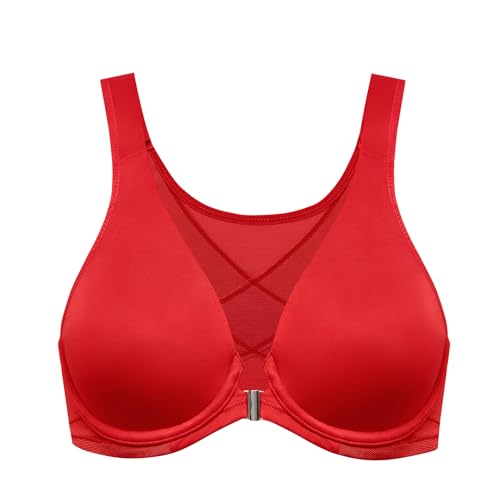 DELIMIRA Damen Haltungskorrektur BH mit Vorderverschluss BH Große Brüste Starker Halt mit Bügel Soft Tiefen Ausschnitt Lippenstift Rot 95F von DELIMIRA