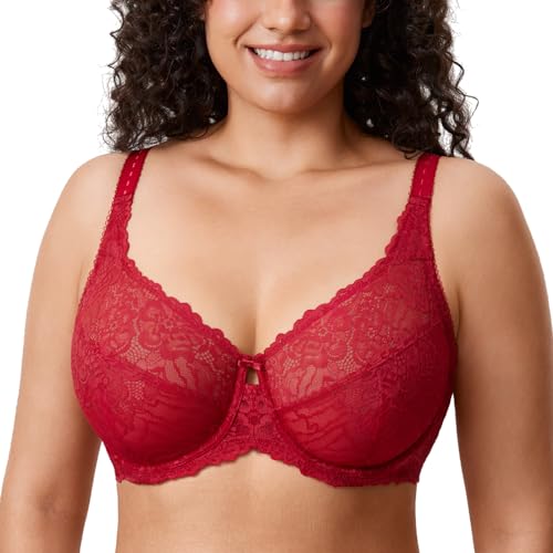 DELIMIRA Damen Minimizer BH Große Größen ohne Polster Vollschalen mit Spitze Dunkelrot 110G von DELIMIRA