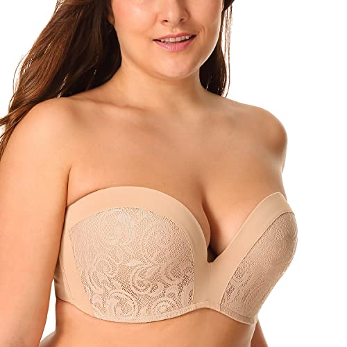 DELIMIRA Damen Push Up Trägerloser BH Spitze Große Größen BHS mit Gemoldete Cups Beige 80C von DELIMIRA