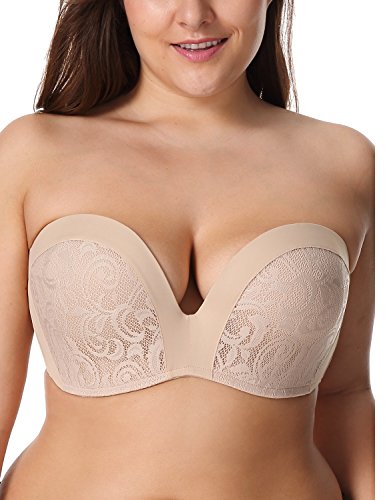 DELIMIRA Damen Push Up Trägerloser BH Spitze Große Größen BHS mit Gemoldete Cups Beige 70C von DELIMIRA