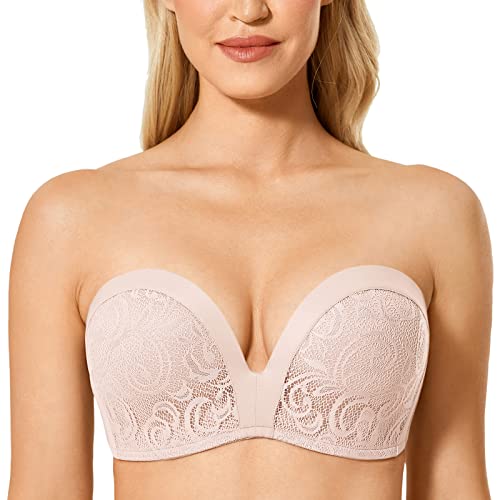 DELIMIRA Damen Push Up Trägerloser BH Spitze Große Größen BHS mit Gemoldete Cups Rose rauchte 80E von DELIMIRA