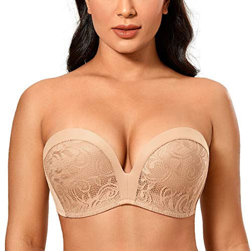 DELIMIRA Damen Push Up Trägerloser BH Spitze Große Größen BHS mit Gemoldete Cups Natürlich 90C von DELIMIRA