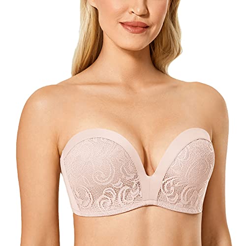 DELIMIRA Damen Push Up Trägerloser BH Spitze Große Größen BHS mit Gemoldete Cups Rose rauchte 85F von DELIMIRA