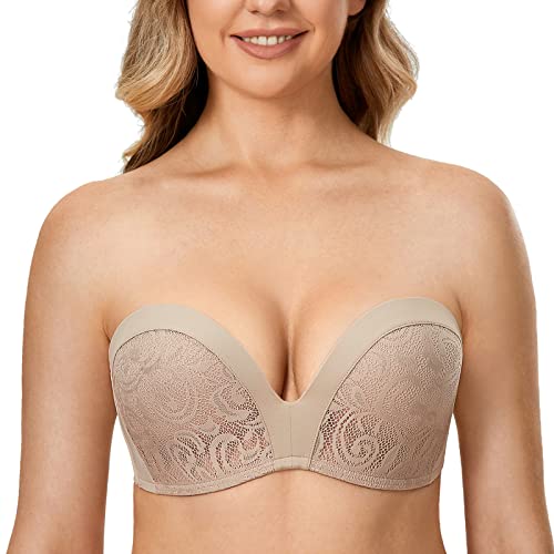 DELIMIRA Damen Push Up Trägerloser BH Spitze Große Größen BHS mit Gemoldete Cups Cashew 90C von DELIMIRA