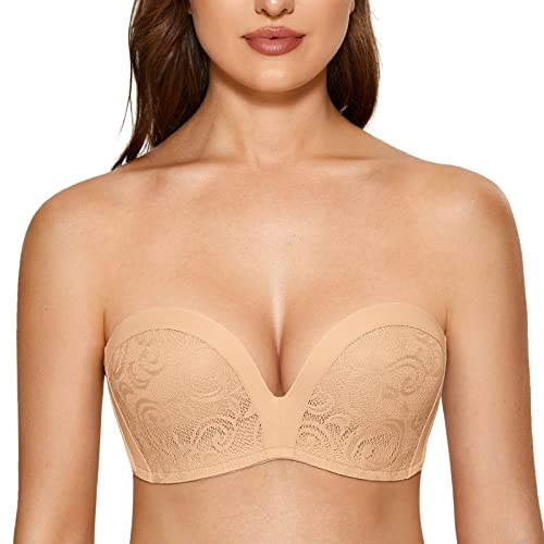 DELIMIRA Damen Push Up Trägerloser BH Spitze Große Größen BHS mit Gemoldete Cups Taupe 90E von DELIMIRA
