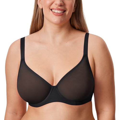 DELIMIRA Damen Soft Netz Bügel BH für Große Brust Transparente Ungefütterte BHS Nahtlose Schwarz 80D von DELIMIRA