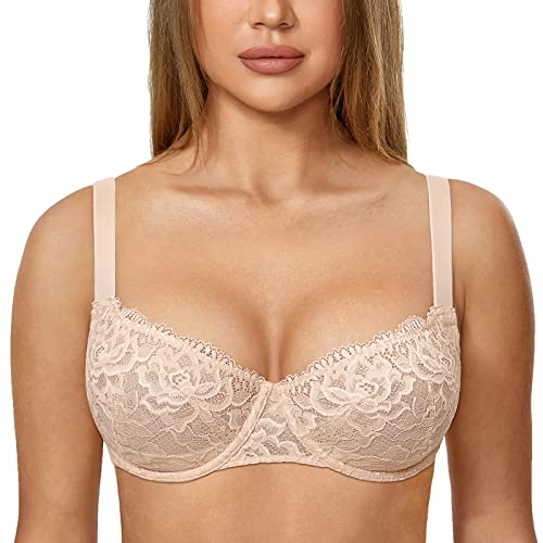 DELIMIRA Damen Spitze Balconette Push Up BH Sexy mit Bügel ohne Einlagen Beige 80D von DELIMIRA