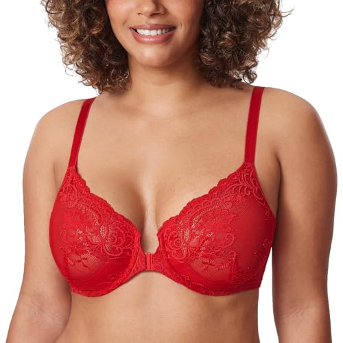 DELIMIRA Damen Spitzen BH mit Vorderverschluss Große Brüste BH mit Bügel Transparent Sexy Ungefüttert Lippenstift Rot 105C DELIMIRA Damen Spitzen BH mit Vorderverschluss Große Brüste BH mit Bügel Transparent Sexy Ungefüttert Lippenstift Rot 105C von DELIMIRA