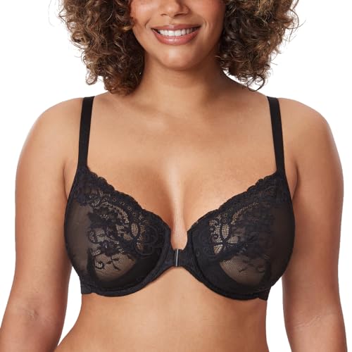 DELIMIRA Damen Spitzen BH mit Vorderverschluss Große Brüste BH mit Bügel Transparent Sexy Ungefüttert Schwarz 85C DELIMIRA Damen Spitzen BH mit Vorderverschluss Große Brüste BH mit Bügel Transparent Sexy Ungefüttert Schwarz 85C von DELIMIRA