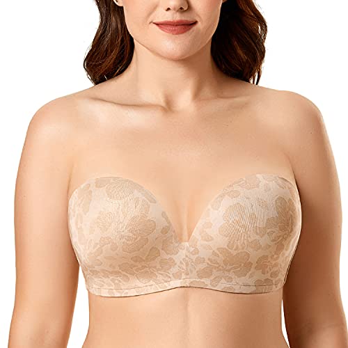 DELIMIRA Damen Trägerlos BH - Gemoldete Cups Push Up Büstenhalter Beiger Hibiskus 80B von DELIMIRA