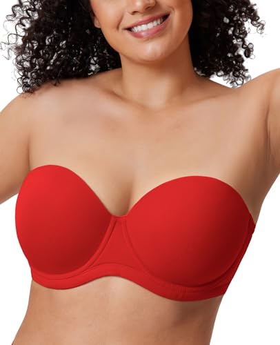 DELIMIRA Damen Trägerloser BH mit bügel Große Größen Seamless Dirndl BH mit Geformte Cups Lippenstift Rot 75C von DELIMIRA