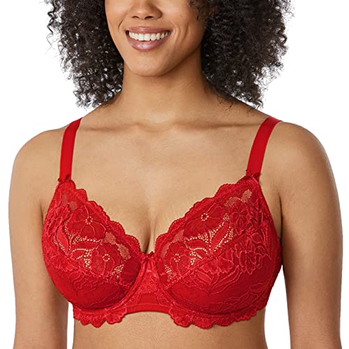 DELIMIRA Damen Vollschalen BH - ungefütterte Spitze Tüll Cup,mit Bügel Lippenstift Rot 90C von DELIMIRA