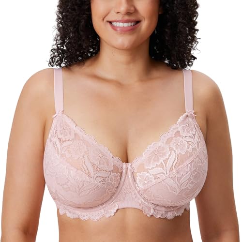 DELIMIRA Damen Spitzen BH mit Bügel Vollschalen BH Große Brüste Ungefütterte Nacktes Rosa 80D von DELIMIRA