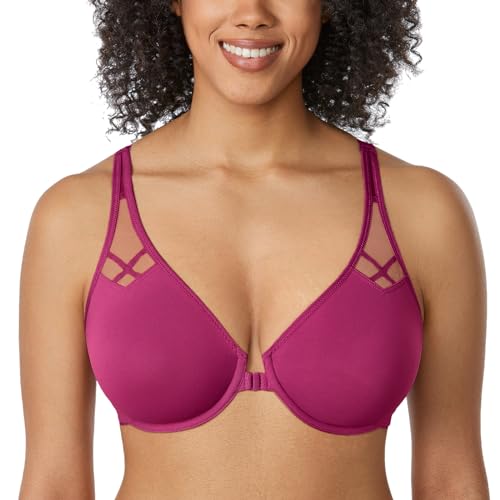 DELIMIRA Damen Vollschalen Vorderverschluss Seamless BH mit Bügel Ungepolster BHS Große Brüste Racerback Magenta Violett 80D von DELIMIRA