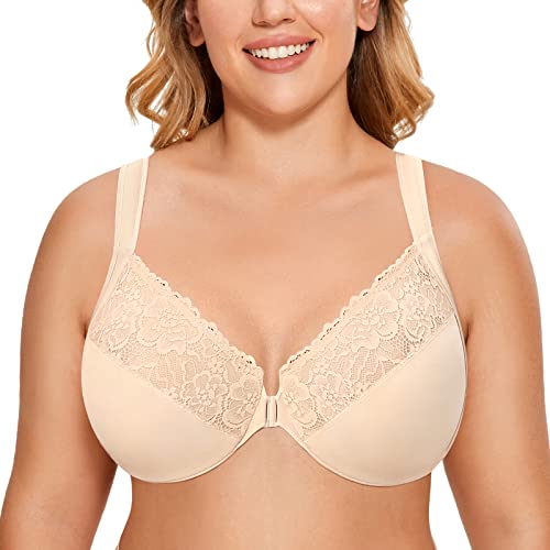 DELIMIRA Damen BH mit Vorderverschluss Bügel Spitzen BHS Große Brüste Soft Vollschalen Ungefüttert Beige 100C von DELIMIRA