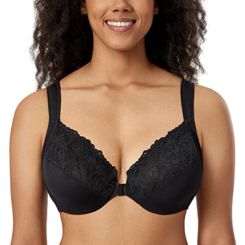 DELIMIRA Damen BH mit Vorderverschluss Bügel Spitzen BHS Große Brüste Soft Vollschalen Ungefüttert Schwarz 105C von DELIMIRA