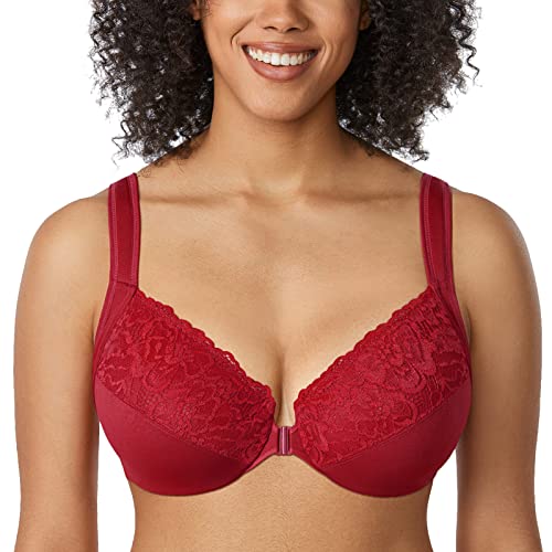 DELIMIRA Damen BH mit Vorderverschluss Bügel Spitzen BHS Große Brüste Soft Vollschalen Ungefüttert Dunkelrot 75G von DELIMIRA