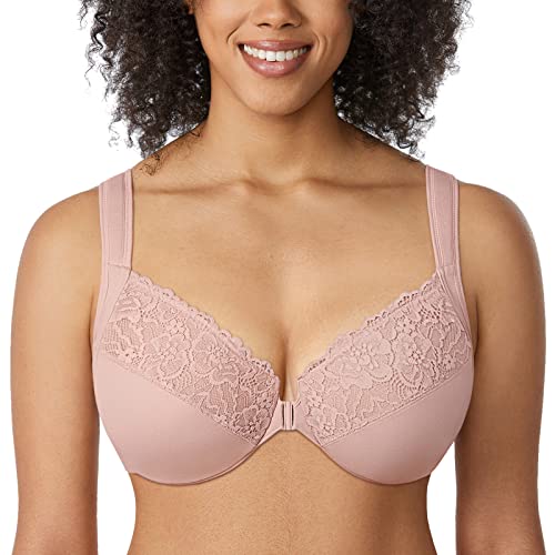 DELIMIRA Damen BH mit Vorderverschluss Bügel Spitzen BHS Große Brüste Soft Vollschalen Ungefüttert Rose rauchte 105D von DELIMIRA