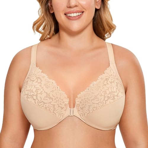 DELIMIRA Damen Vorderverschluss BH Große Brüste Starker Halt mit Bügel Spitzen BHS Vollständige Abdeckung Beige 85C von DELIMIRA