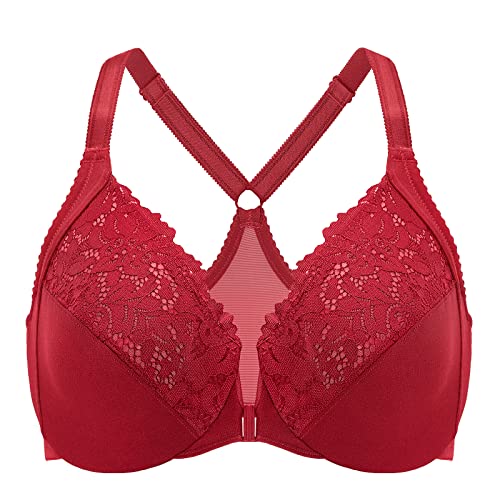 DELIMIRA Damen Vorderverschluss BH Große Brüste Starker Halt mit Bügel Spitzen BHS Vollständige Abdeckung Dunkelrot 100C von DELIMIRA