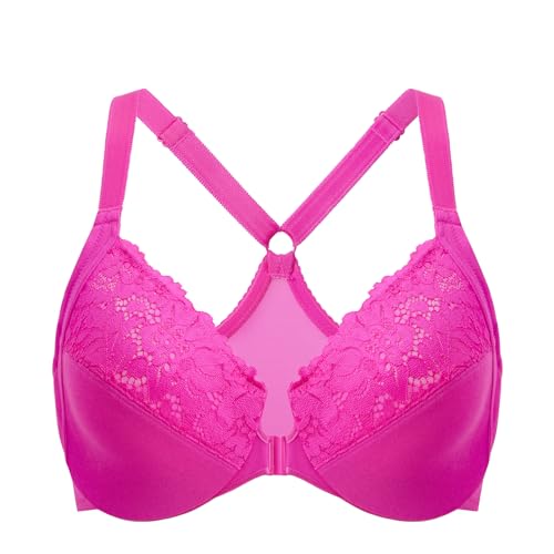 DELIMIRA Damen Vorderverschluss BH Große Brüste Starker Halt mit Bügel Spitzen BHS Vollständige Abdeckung Glitzer-Rosa 105D von DELIMIRA