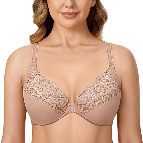 DELIMIRA Damen Vorderverschluss BH Große Brüste Starker Halt mit Bügel Spitzen BHS Vollständige Abdeckung Perle Champagner 90D von DELIMIRA