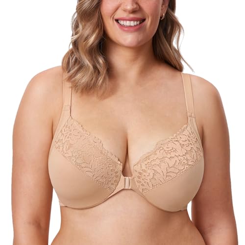 DELIMIRA Damen Vorderverschluss BH Große Brüste Starker Halt mit Bügel Spitzen BHS Vollständige Abdeckung Warmes Beige 100F von DELIMIRA