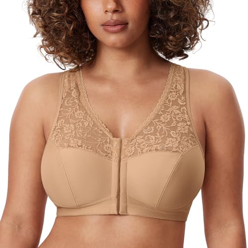 DELIMIRA Damen BH mit Vorderverschluss ohne Bügel Große Größen Spitzen BH Natürlich 95C von DELIMIRA